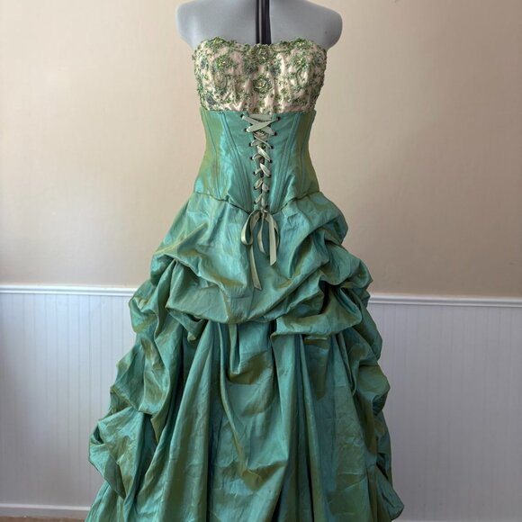Alliage Paris Ruche Iridescent Green-Blue Gown | Corset Bust 38 | Size 12 AS-IS - Picture 1 of 16